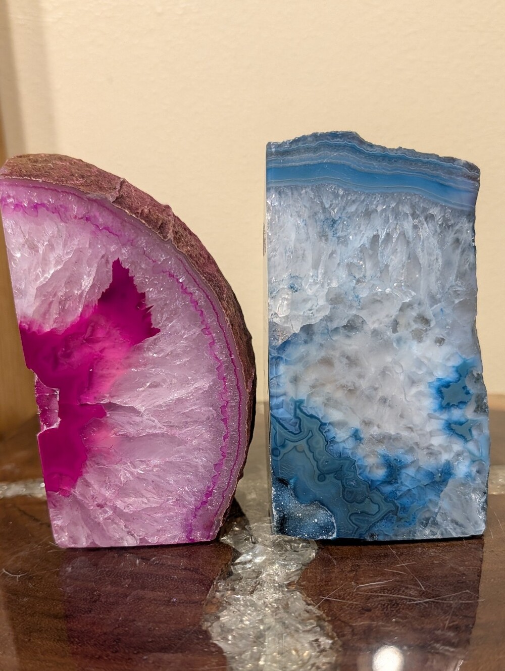 Agate Geodes Pair of Dyed Sections in Pink & Teal w/ Druzy - Picture 13 of 16